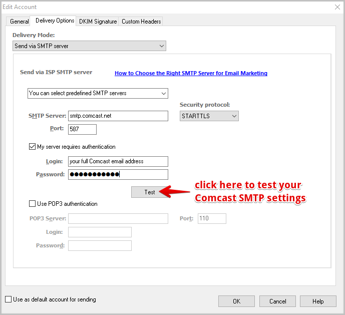 comcast settings for mailbird