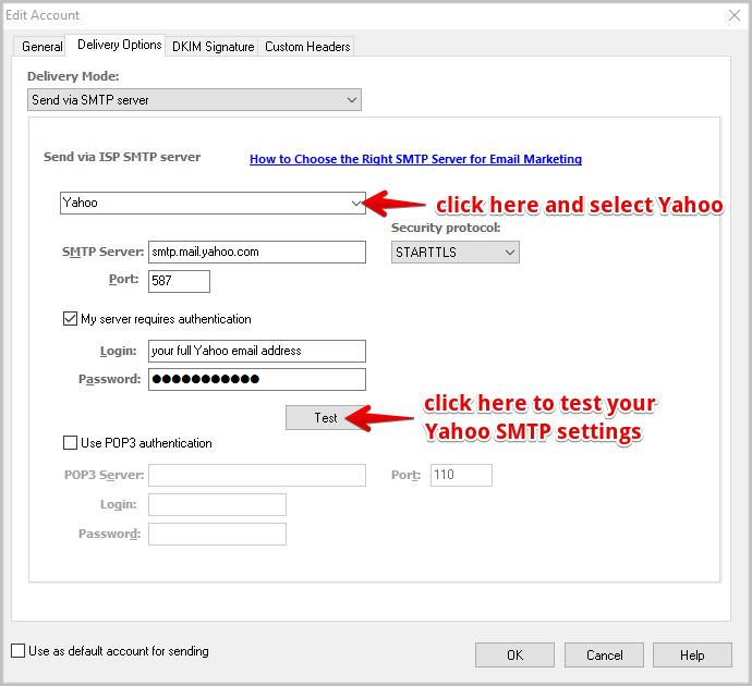 Configure Yahoo SMTP setting for Alarm email notification